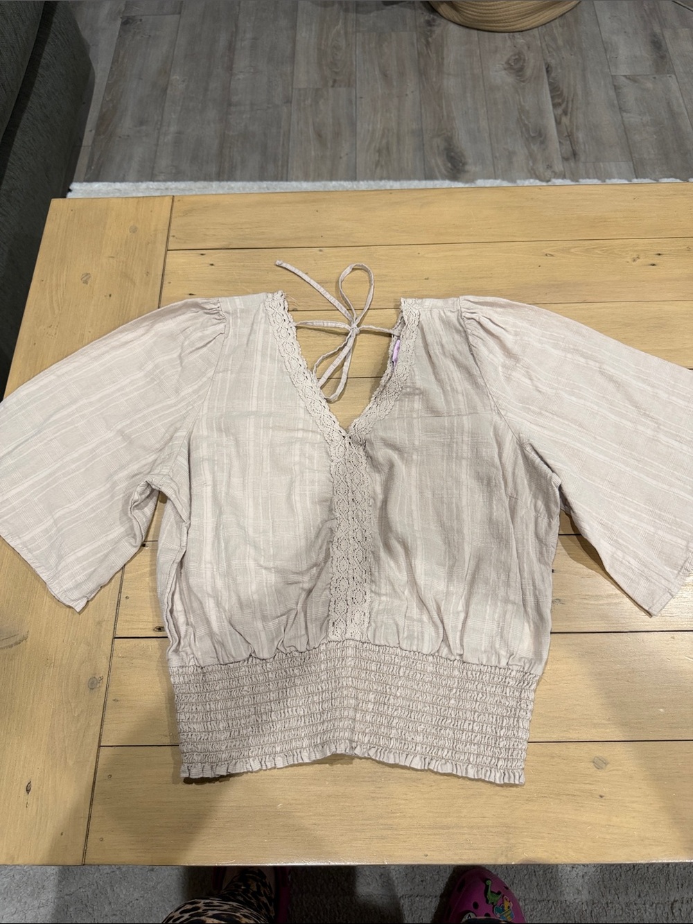 Crave Fame Light Beige Lace-Trim Smocked Waist Blouse